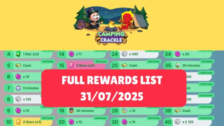 Monopoly Go Camping Crackle Milestones and Rewards 31-07-2025